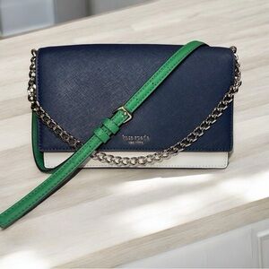 Kate Spade Navy & Green Crossbody | J183 | Gold Chain Strap | Like New